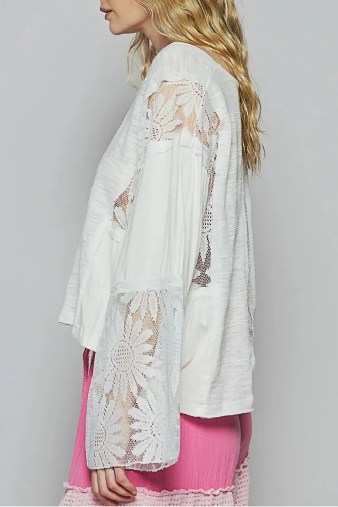 Boho Blossom Lace Flare Sleeve Top (White)