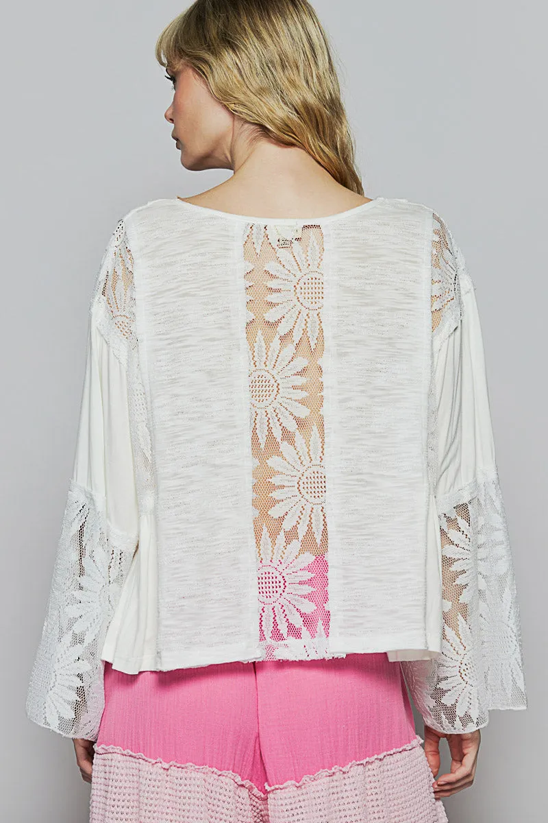 Boho Blossom Lace Flare Sleeve Top (White)