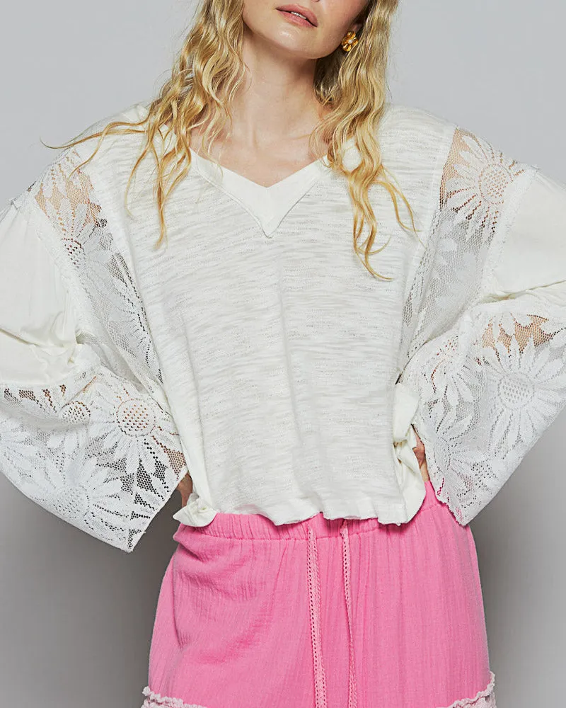 Boho Blossom Lace Flare Sleeve Top (White)