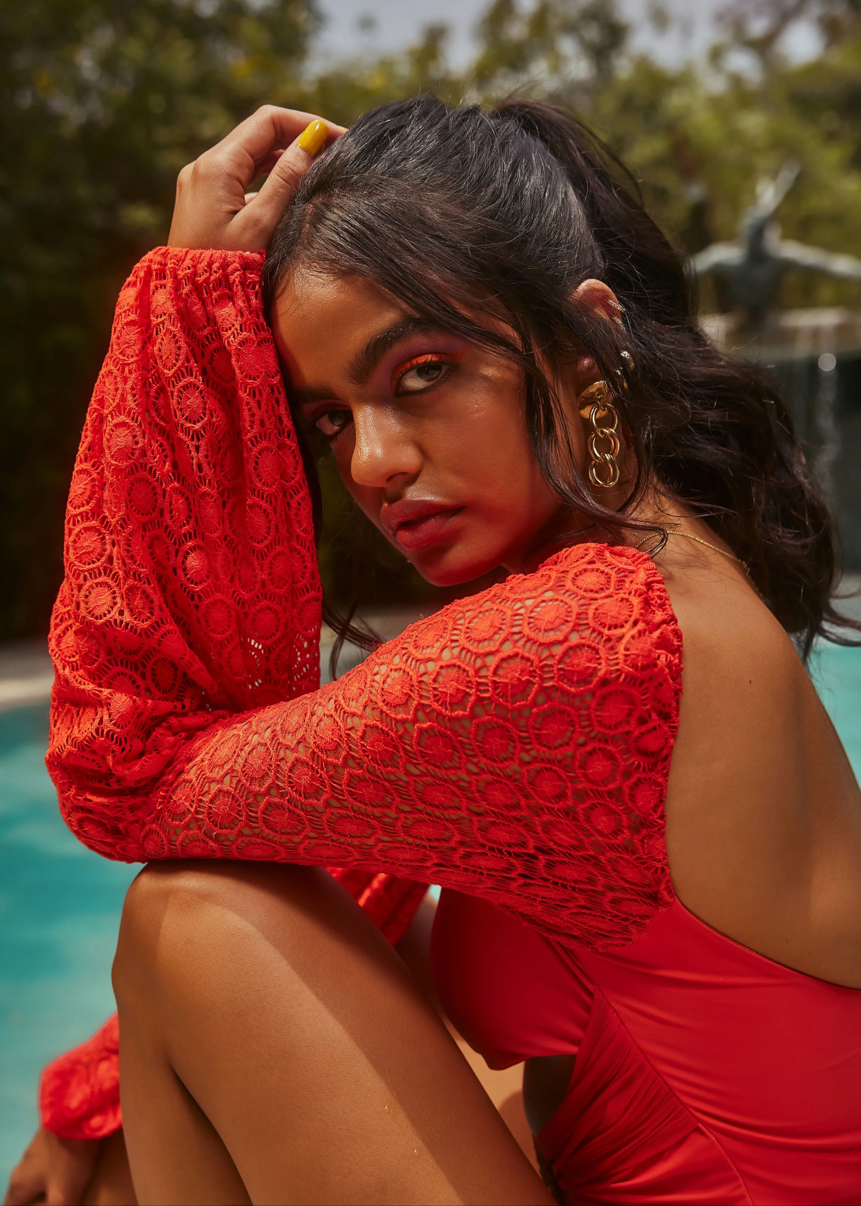 Cordelia Orange Lace Sleeve Swimsuit