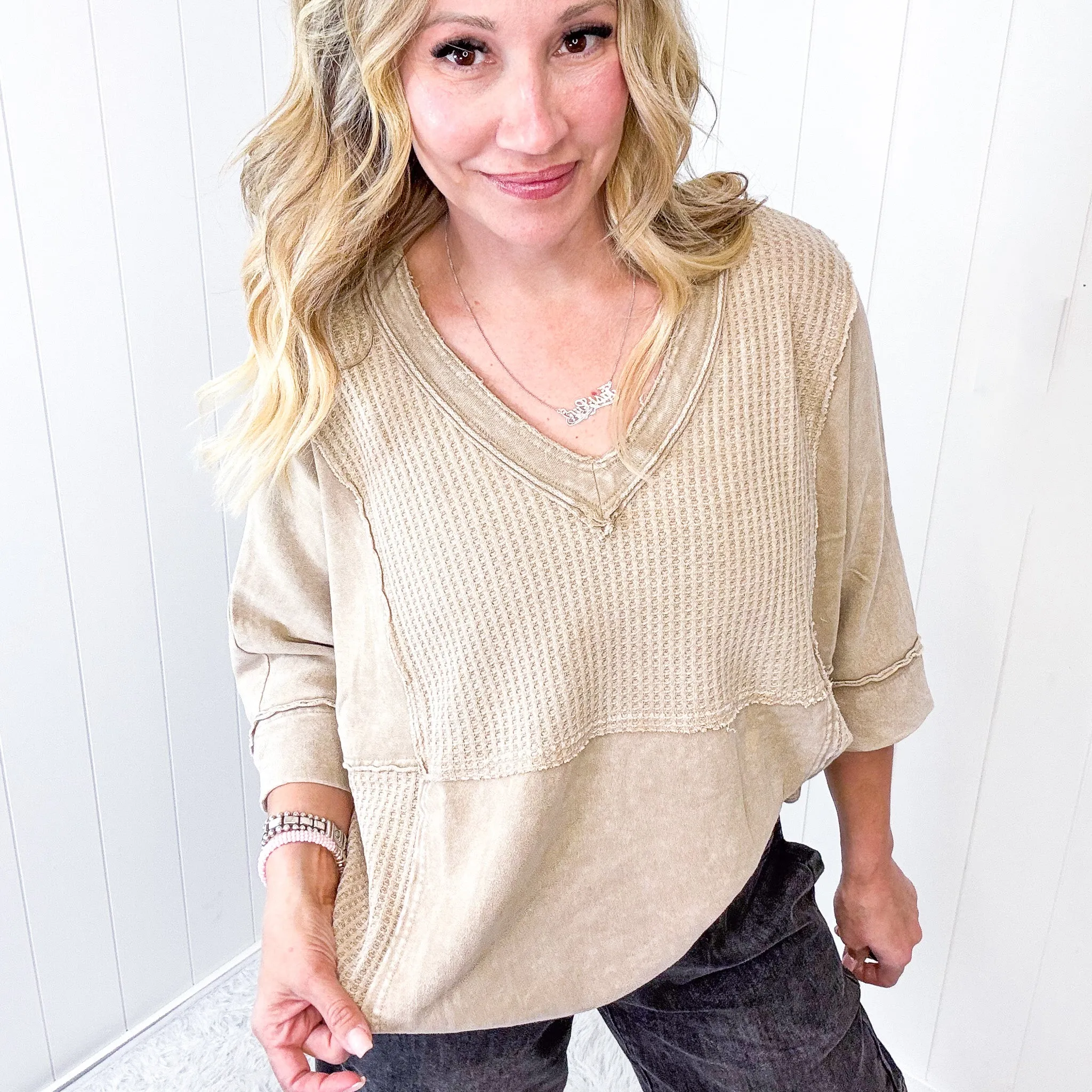 Cozy Canyon Thermal V Neckline Knit Quarter Sleeve Top In 3 Options
