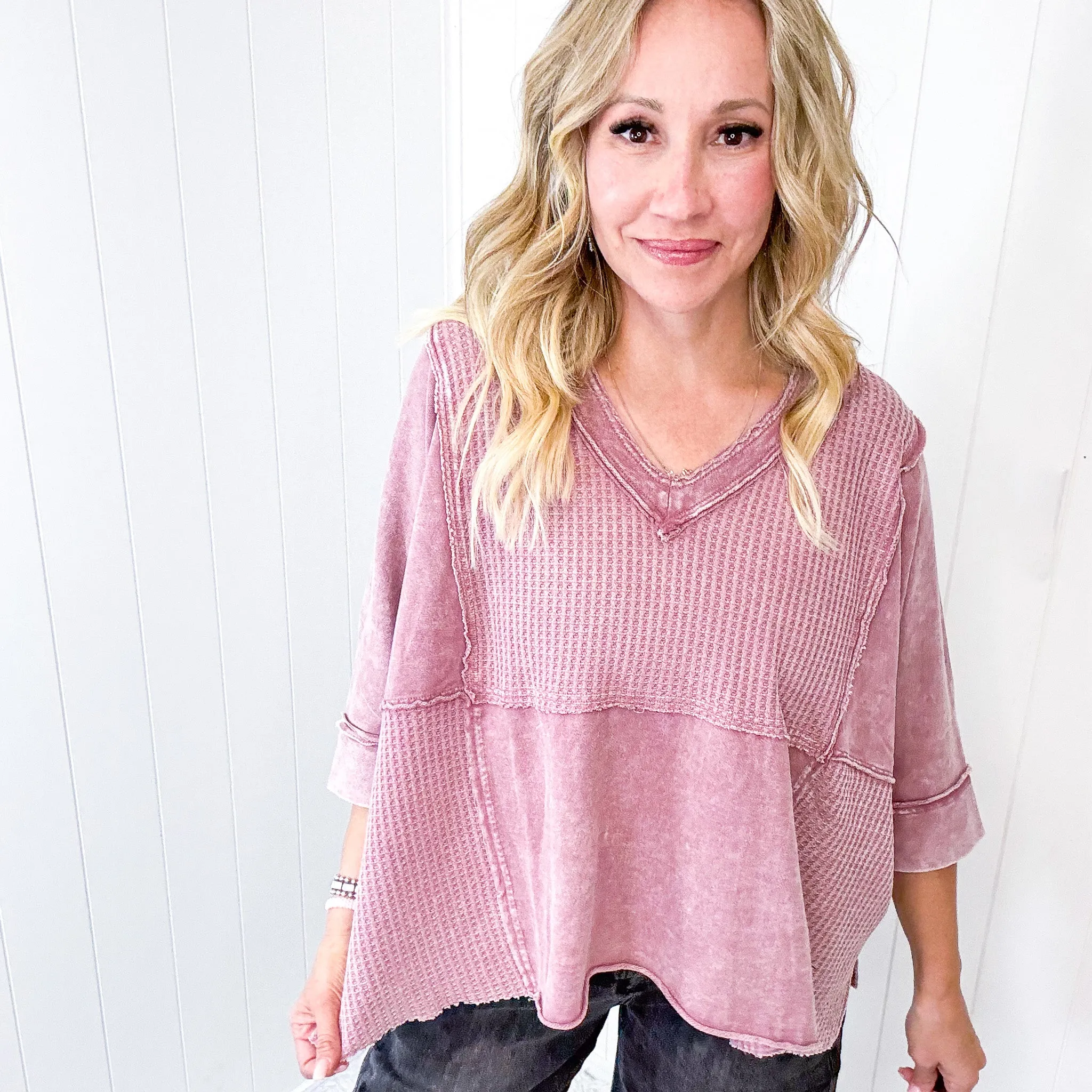 Cozy Canyon Thermal V Neckline Knit Quarter Sleeve Top In 3 Options
