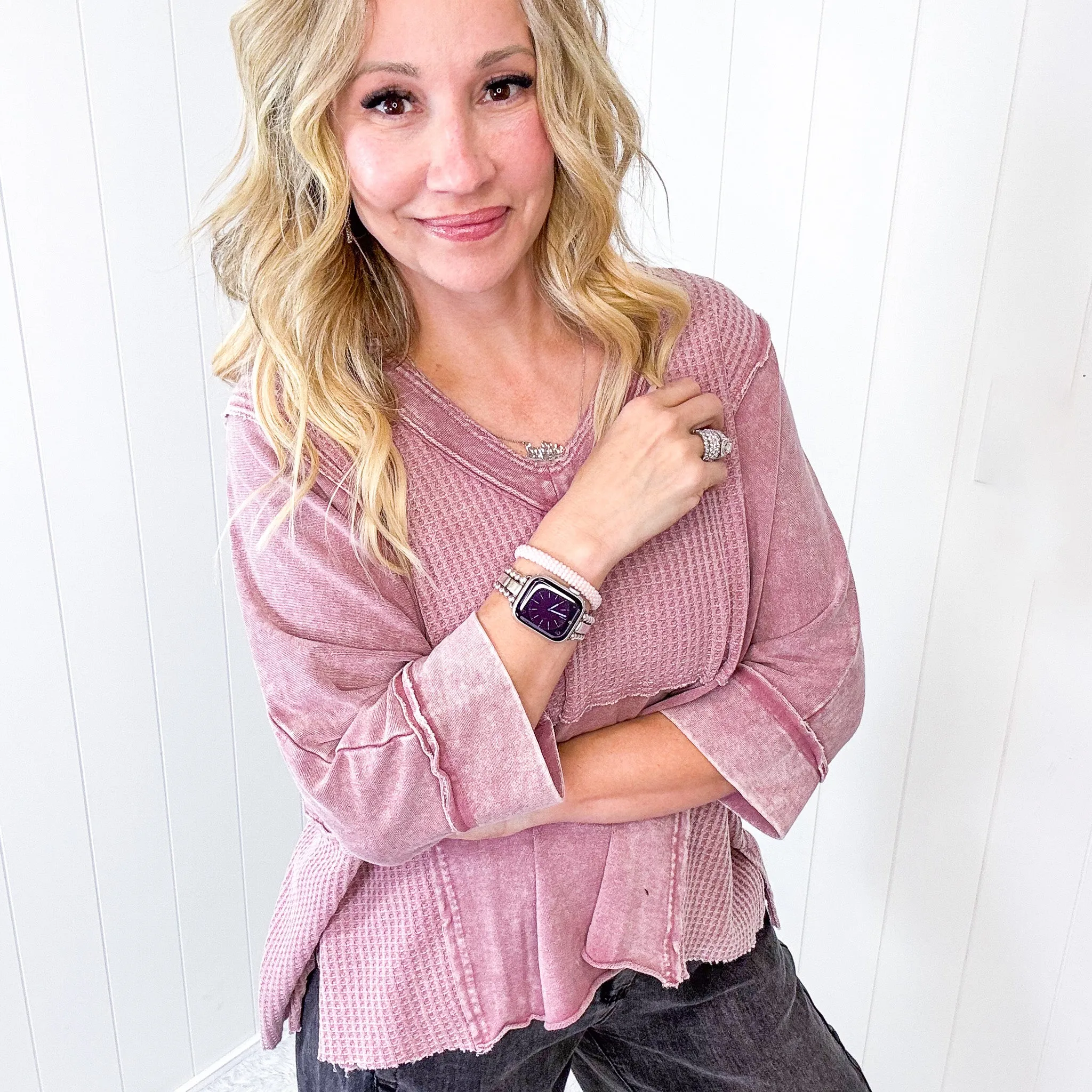 Cozy Canyon Thermal V Neckline Knit Quarter Sleeve Top In 3 Options