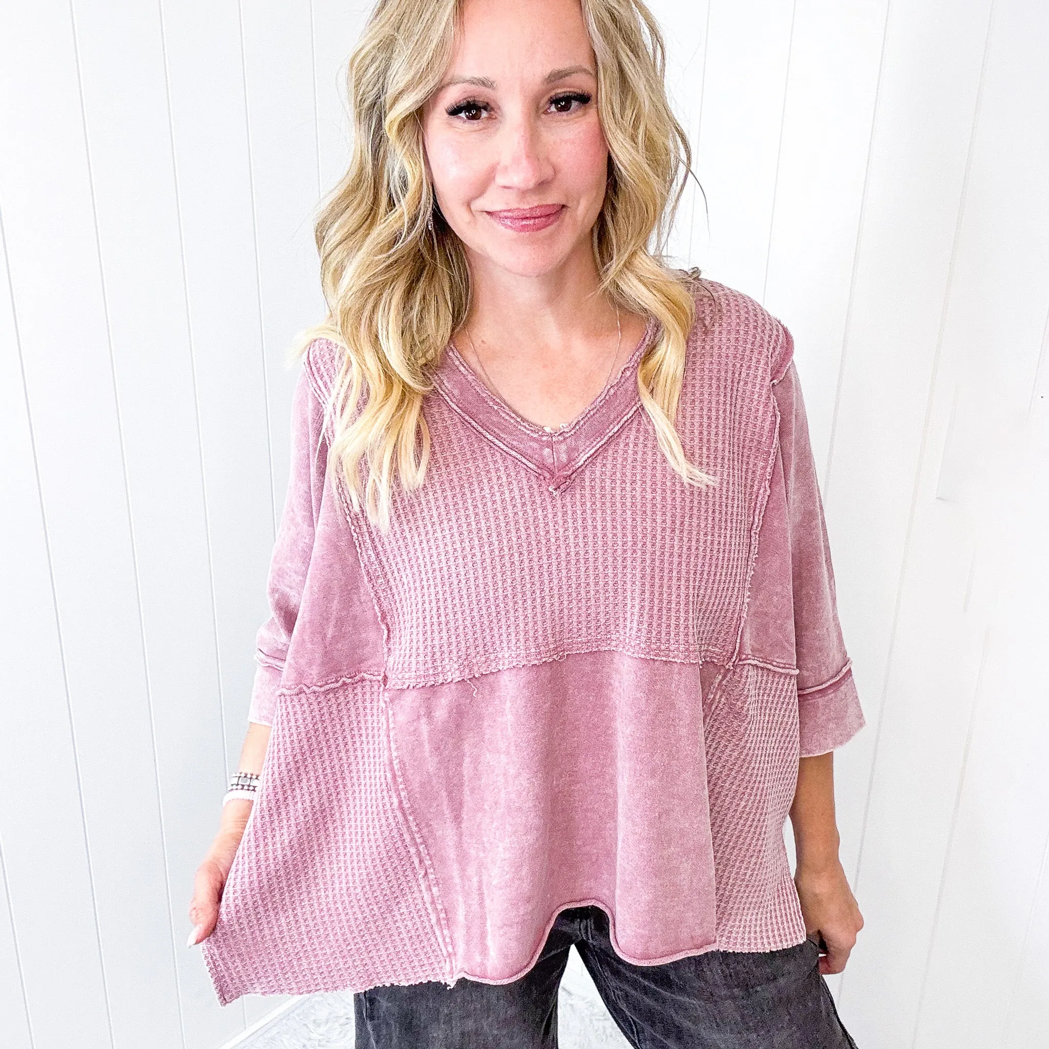 Cozy Canyon Thermal V Neckline Knit Quarter Sleeve Top In 3 Options