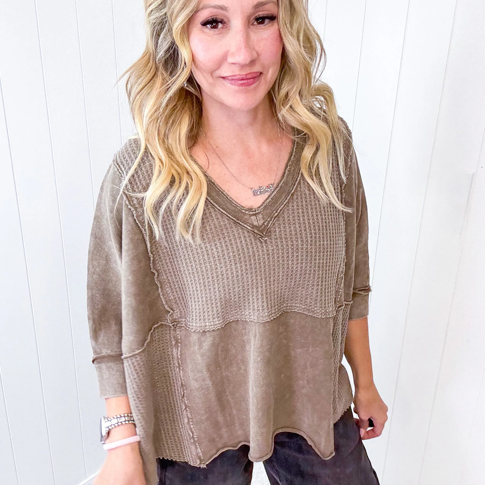 Cozy Canyon Thermal V Neckline Knit Quarter Sleeve Top In 3 Options