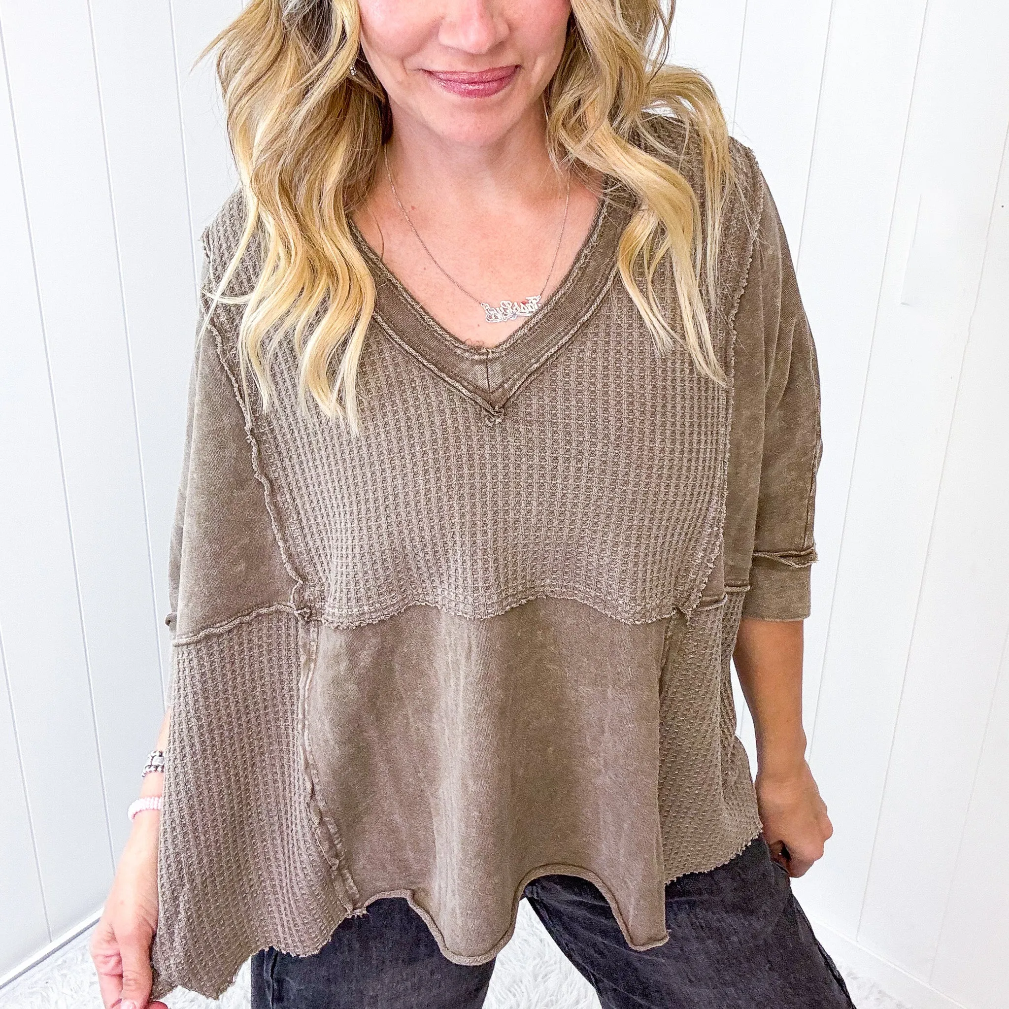 Cozy Canyon Thermal V Neckline Knit Quarter Sleeve Top In 3 Options