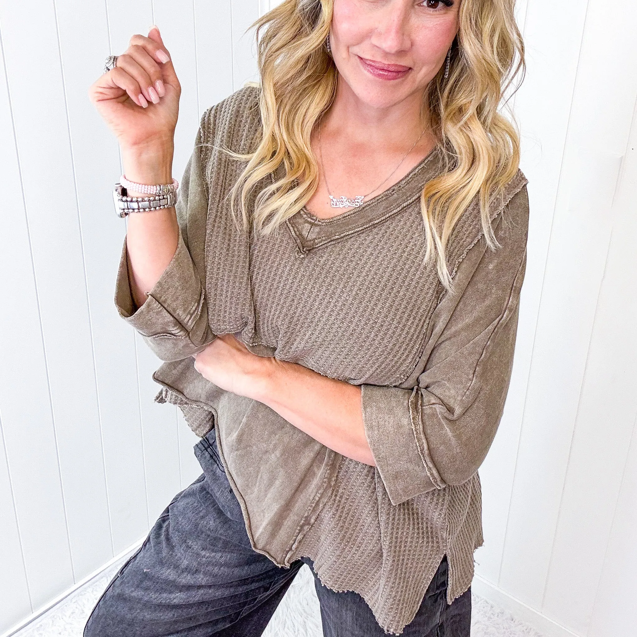 Cozy Canyon Thermal V Neckline Knit Quarter Sleeve Top In 3 Options