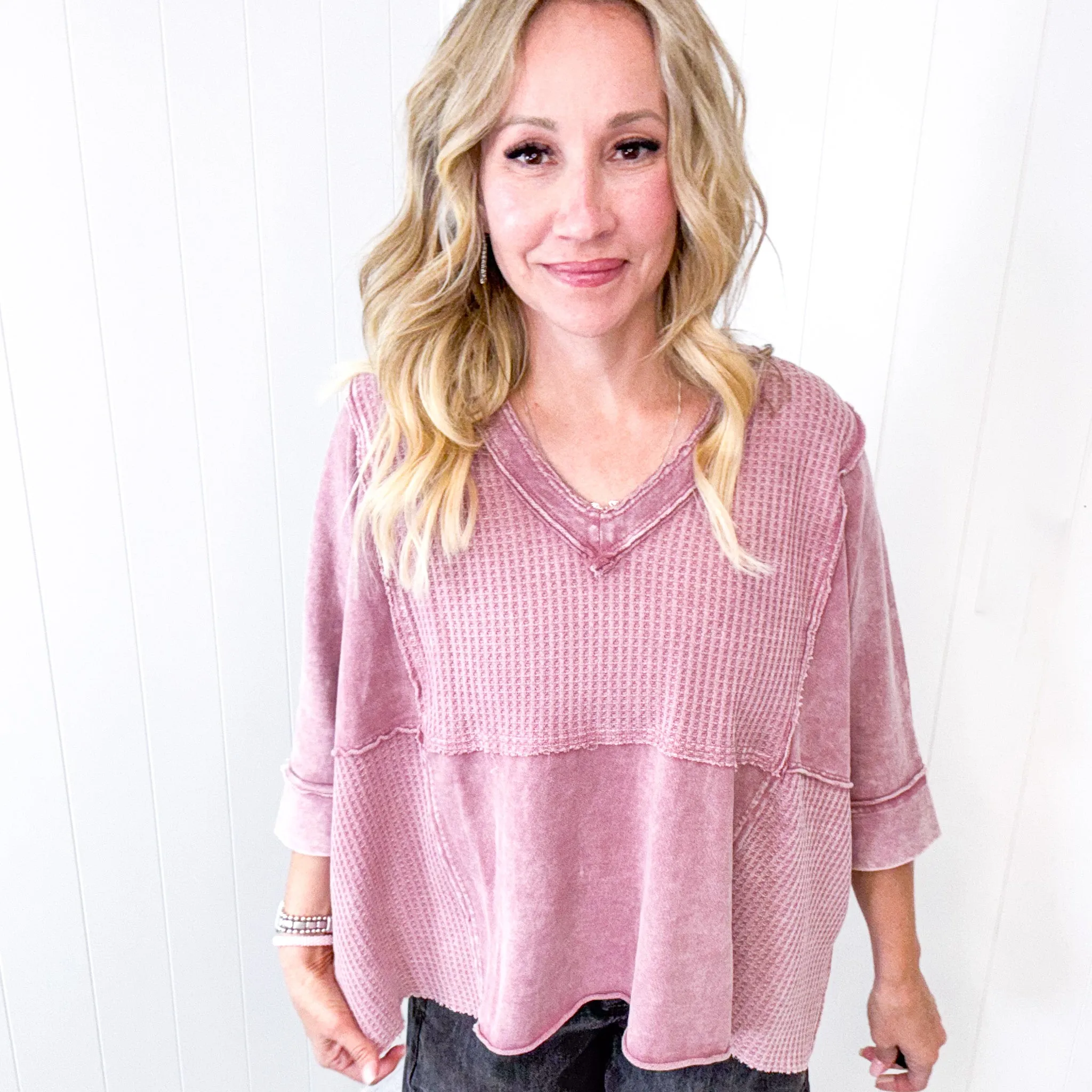 Cozy Canyon Thermal V Neckline Knit Quarter Sleeve Top In 3 Options