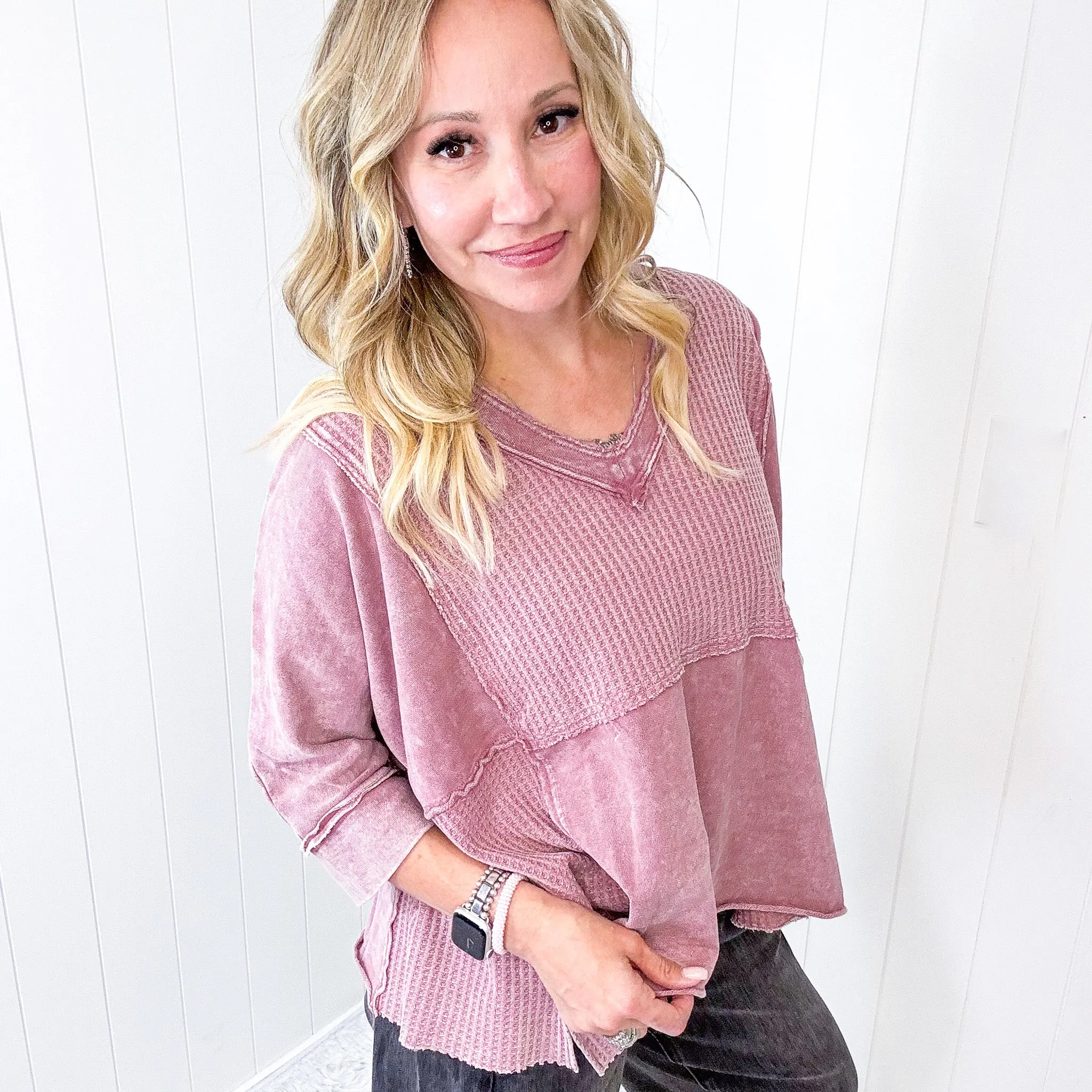 Cozy Canyon Thermal V Neckline Knit Quarter Sleeve Top In 3 Options