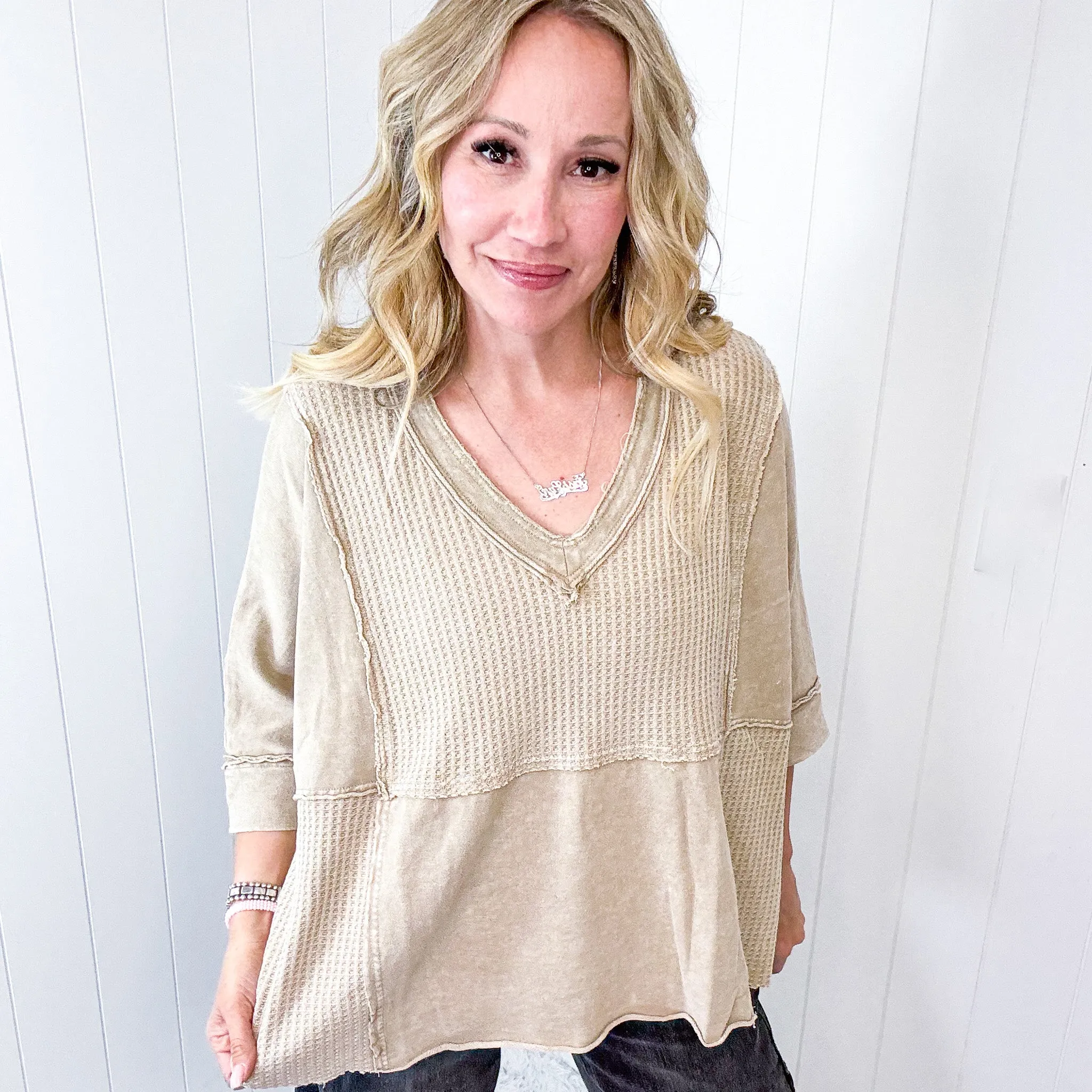 Cozy Canyon Thermal V Neckline Knit Quarter Sleeve Top In 3 Options
