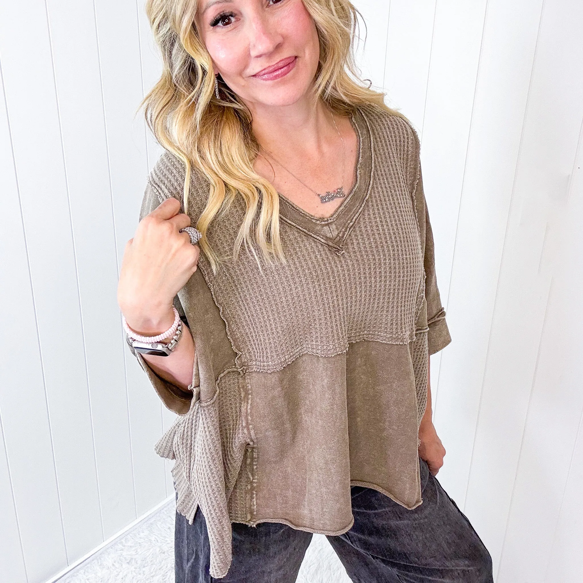 Cozy Canyon Thermal V Neckline Knit Quarter Sleeve Top In 3 Options