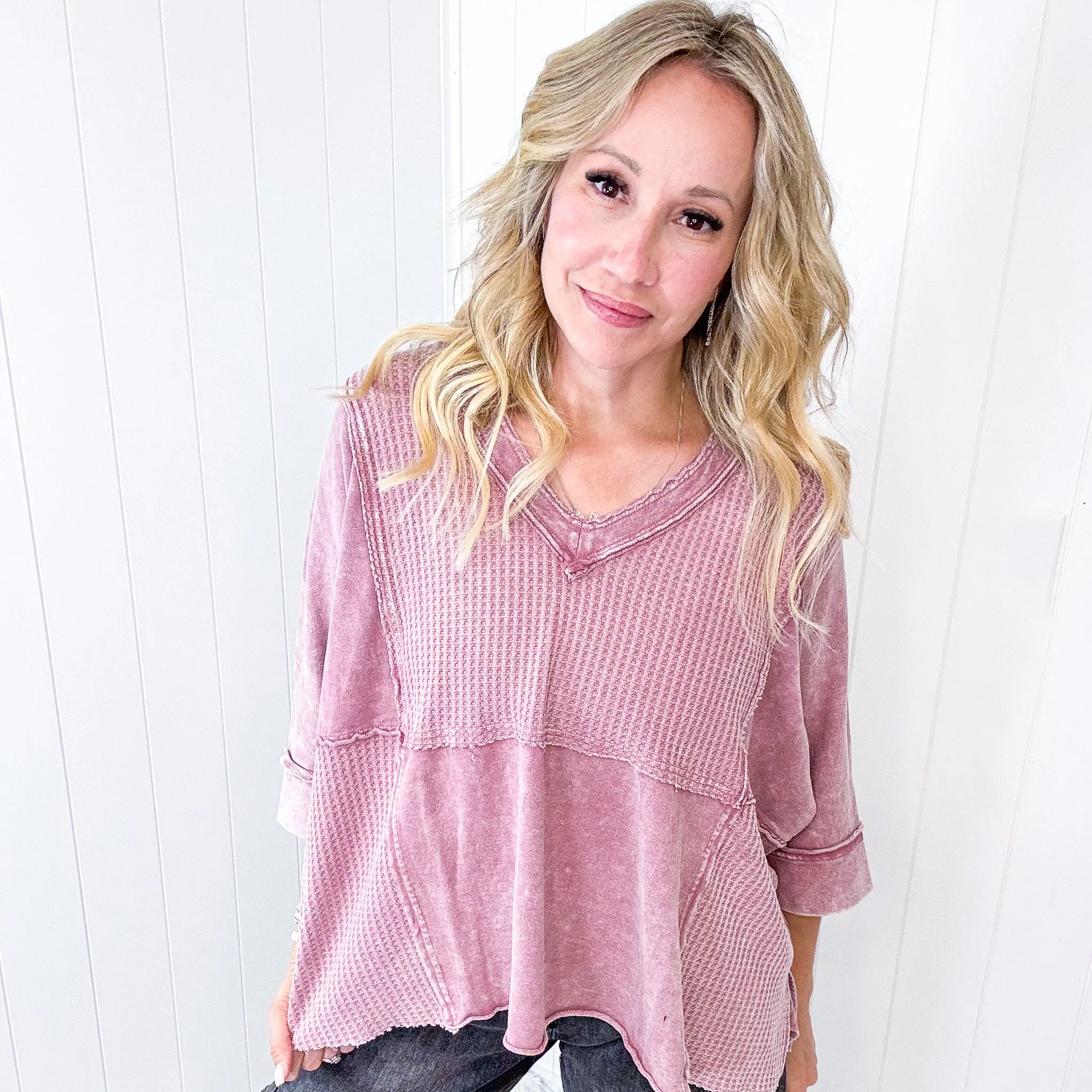Cozy Canyon Thermal V Neckline Knit Quarter Sleeve Top In 3 Options