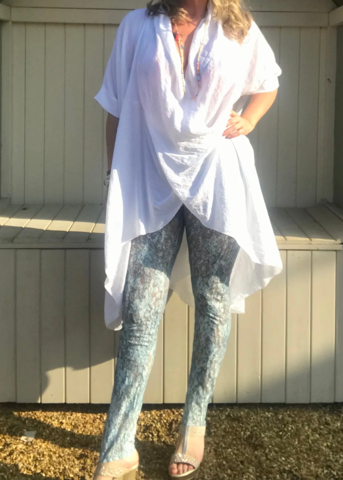 Luxury Lace Leggins in Turquoise and Grey by Feathers Of Italy One Size