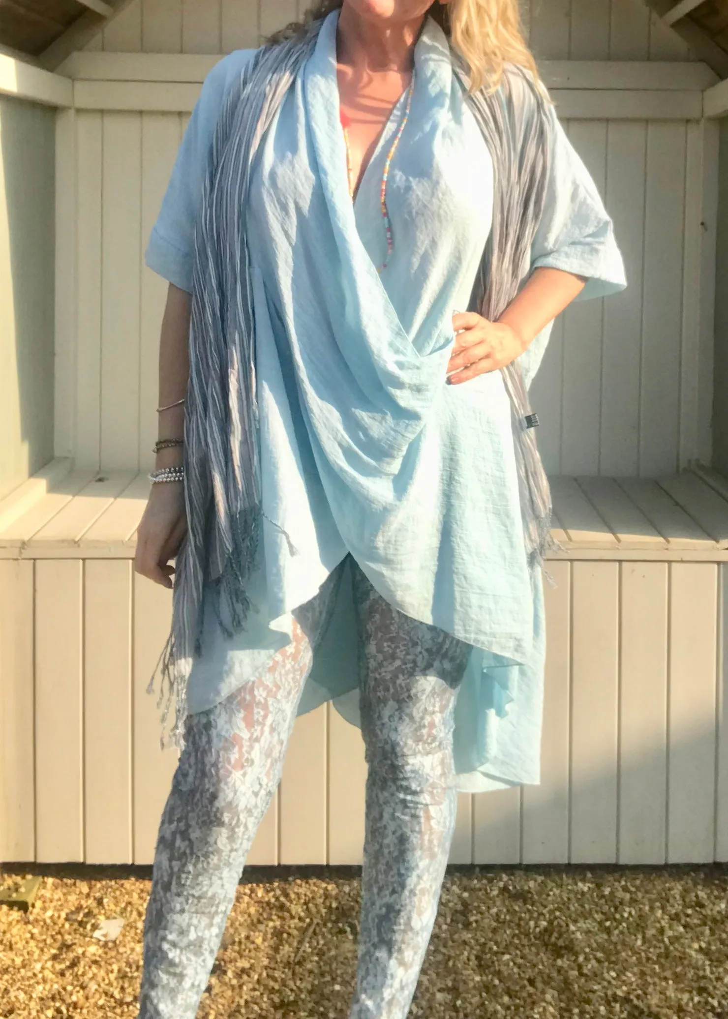 Luxury Lace Leggins in Turquoise and Grey by Feathers Of Italy One Size