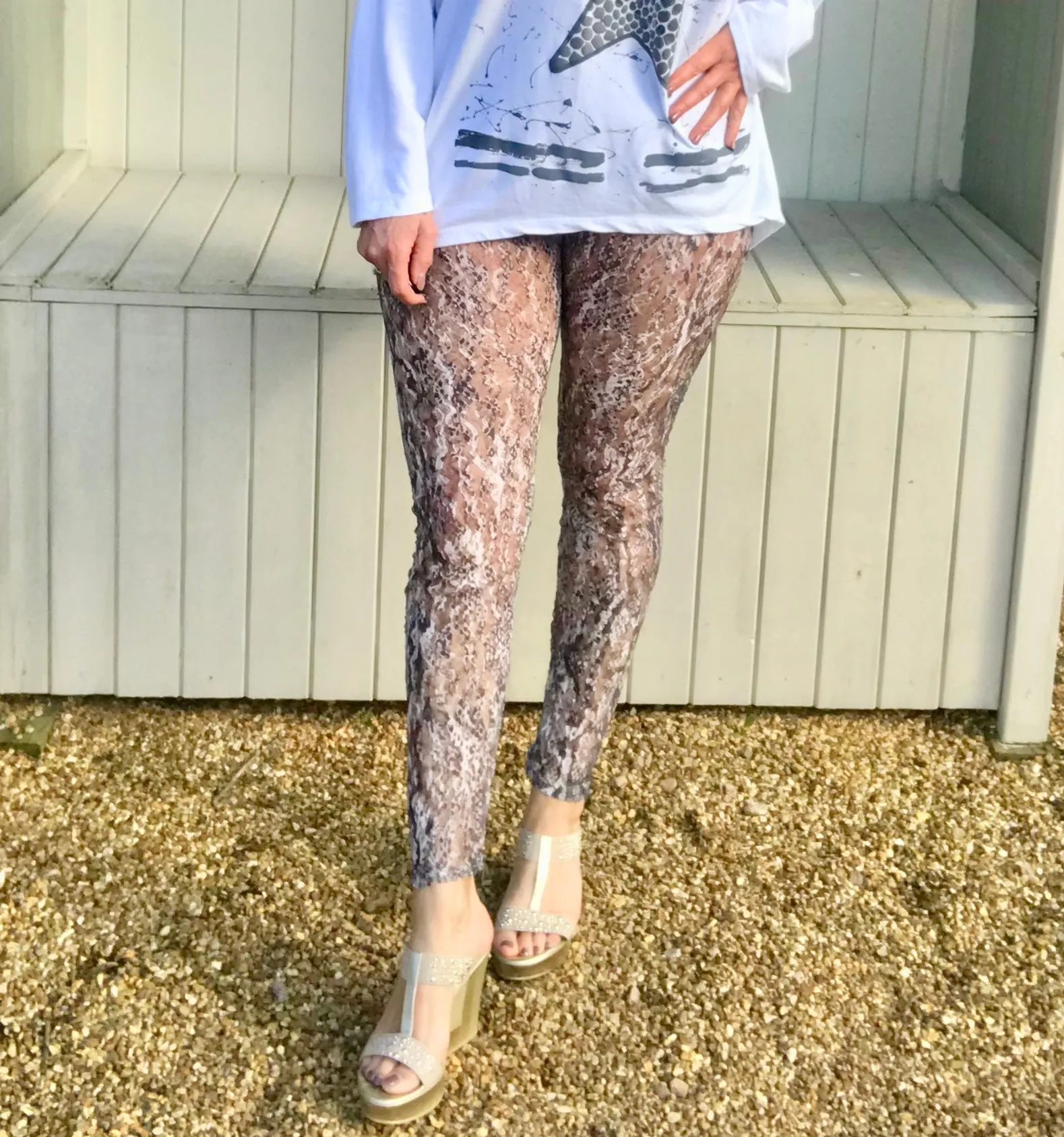Luxury Lace Leggins in Turquoise and Grey by Feathers Of Italy One Size