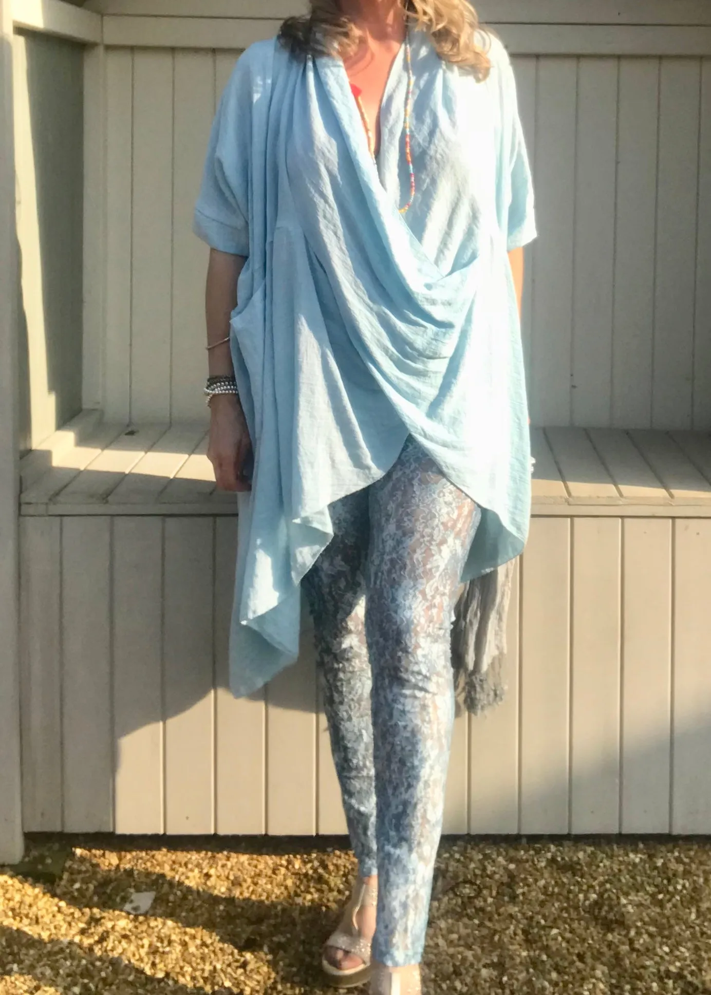 Luxury Lace Leggins in Turquoise and Grey by Feathers Of Italy One Size