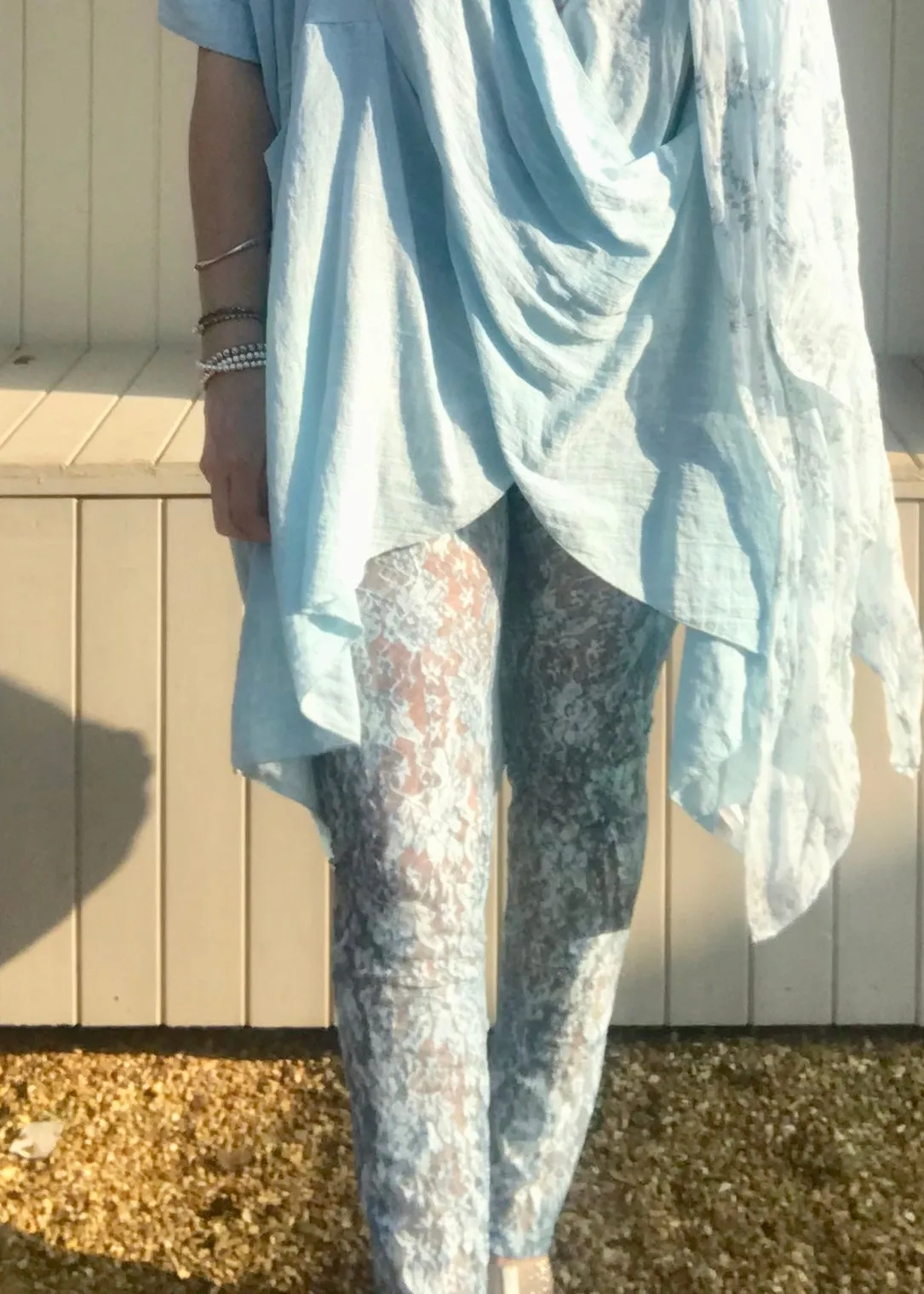 Luxury Lace Leggins in Turquoise and Grey by Feathers Of Italy One Size