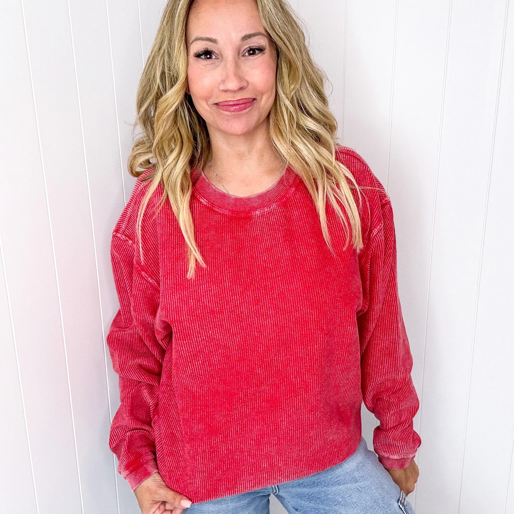 Red Snow Washed Oversized Luxe Soft Corded Crewneck Pullover