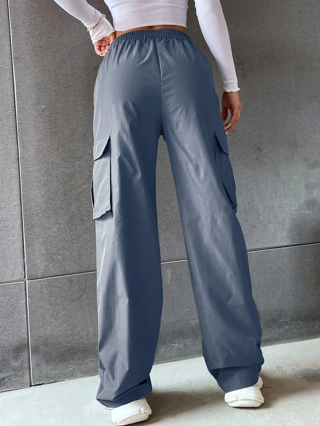 Solid Colored Flap Pocket Long Cargo Pants