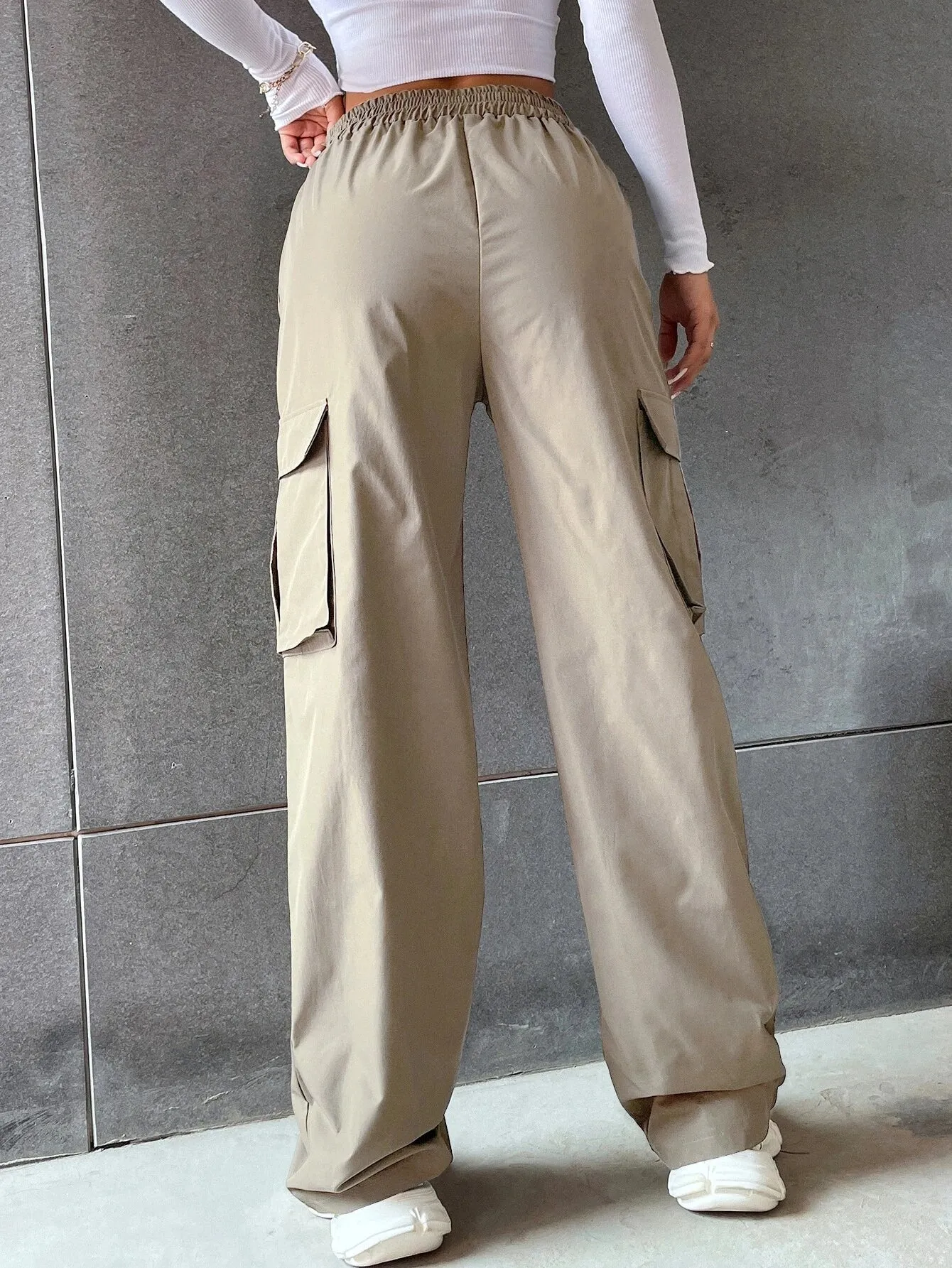 Solid Colored Flap Pocket Long Cargo Pants