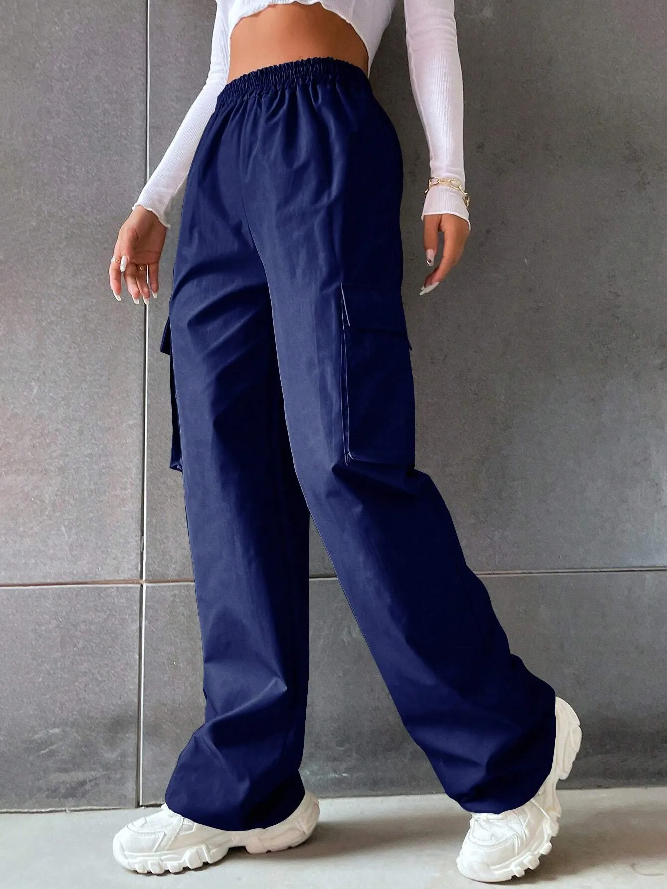Solid Colored Flap Pocket Long Cargo Pants