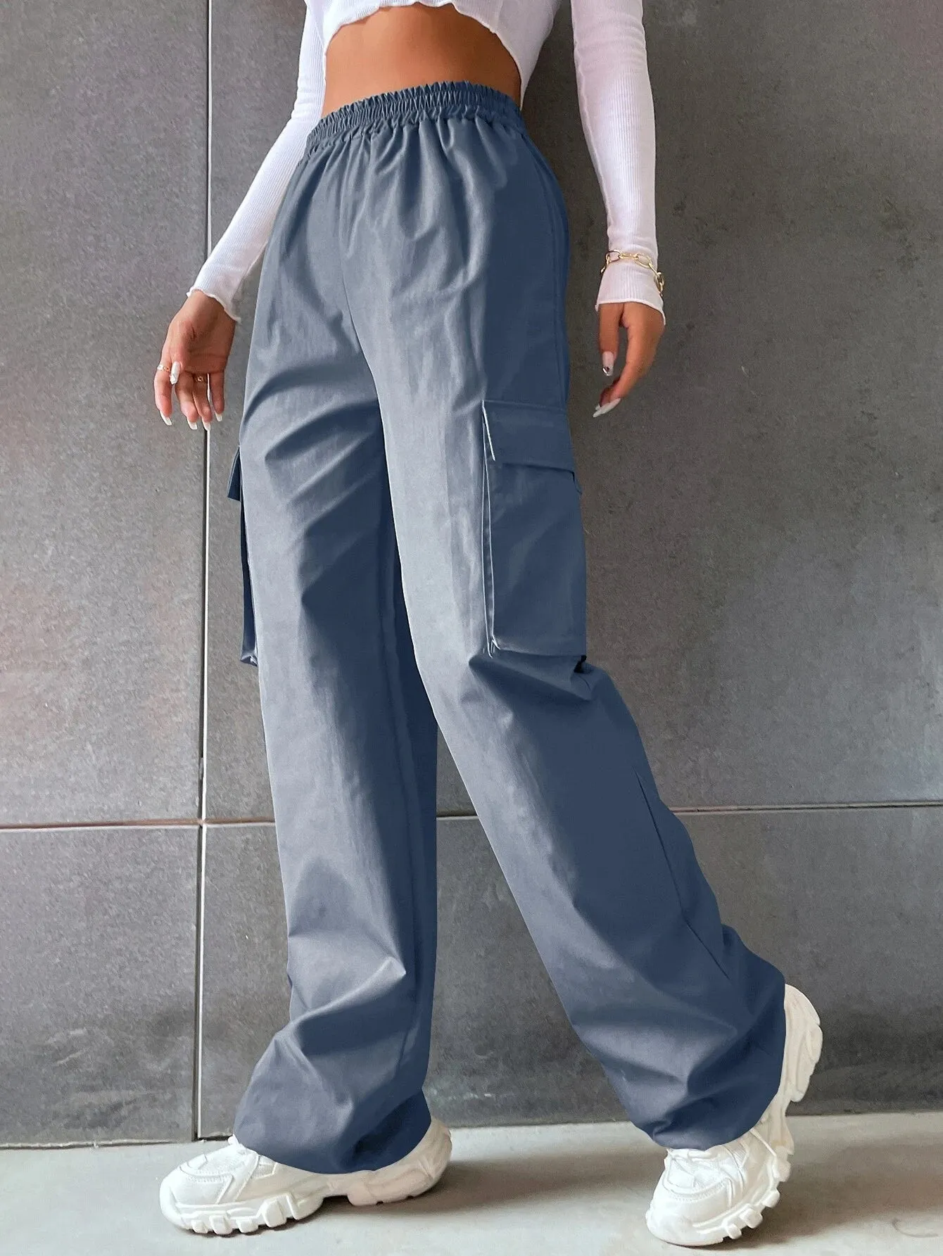 Solid Colored Flap Pocket Long Cargo Pants