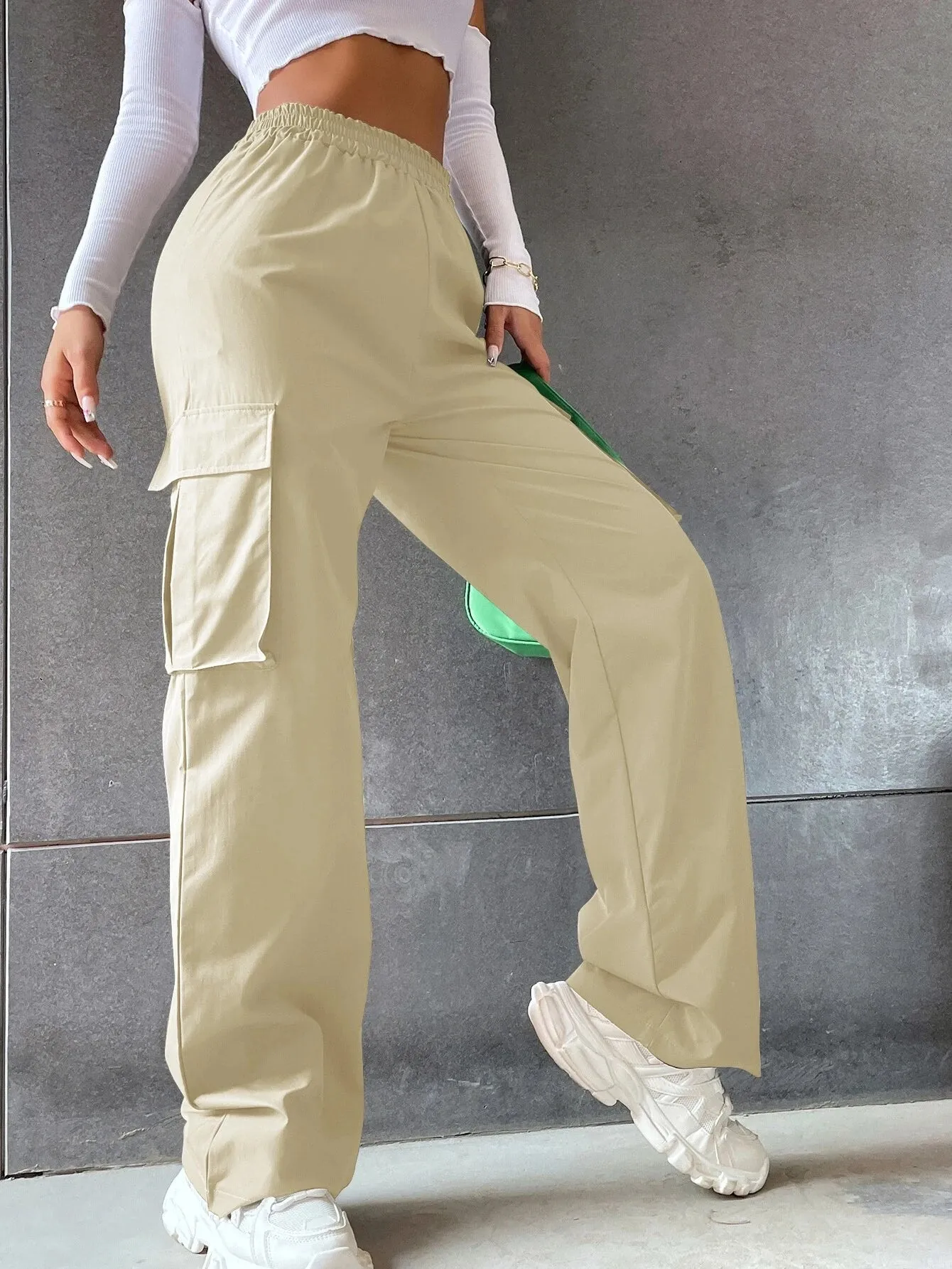 Solid Colored Flap Pocket Long Cargo Pants