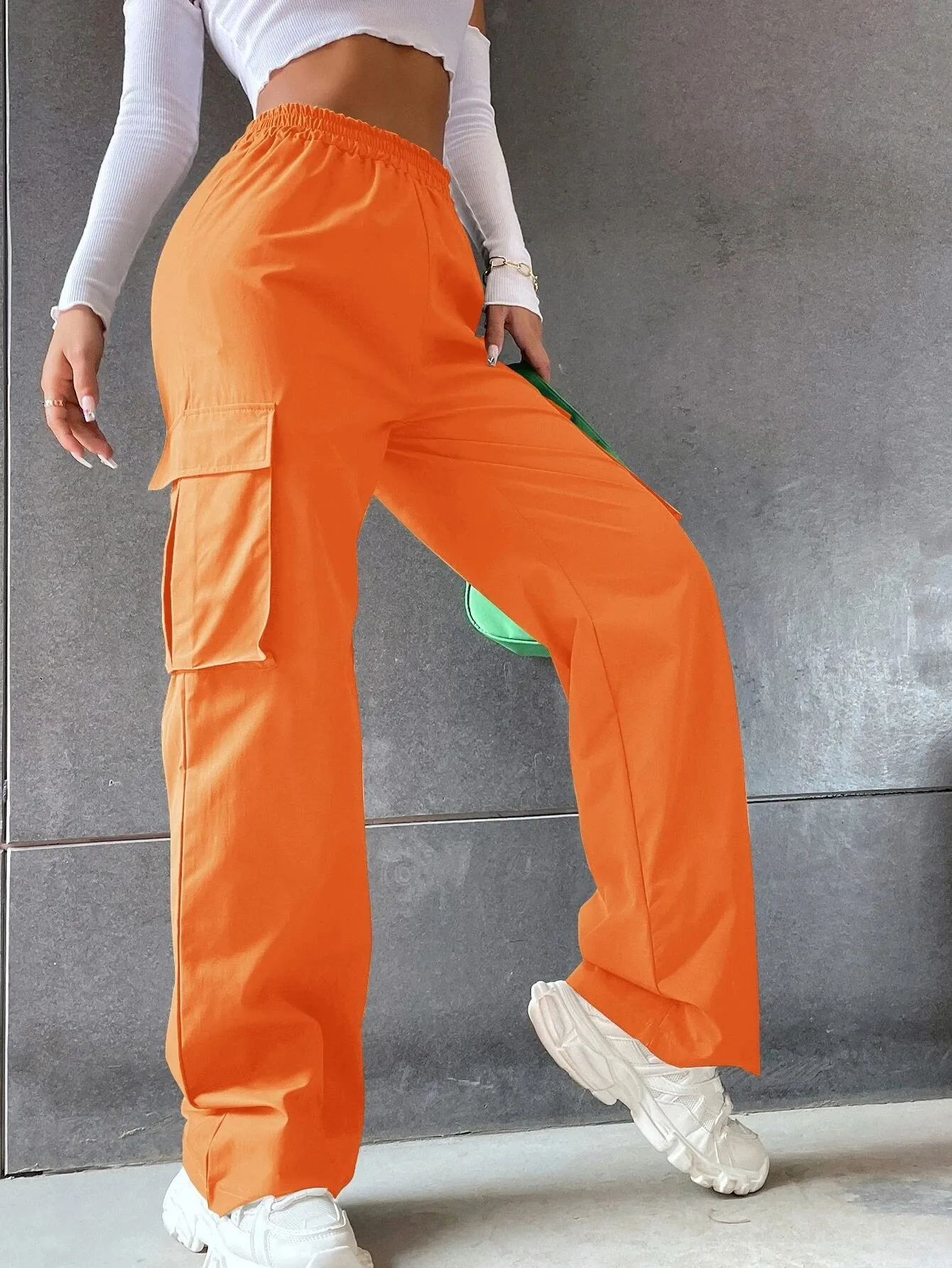 Solid Colored Flap Pocket Long Cargo Pants