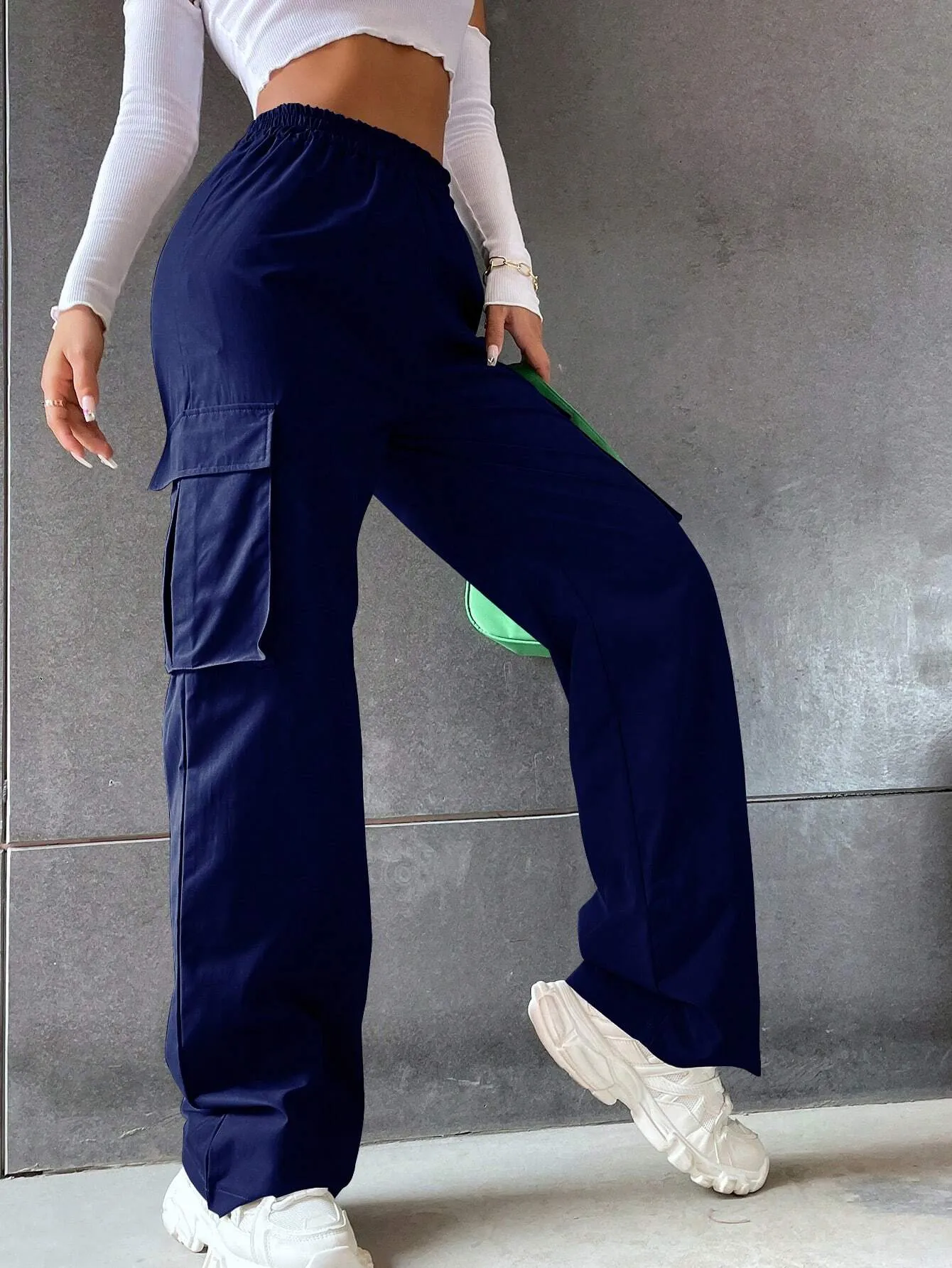 Solid Colored Flap Pocket Long Cargo Pants