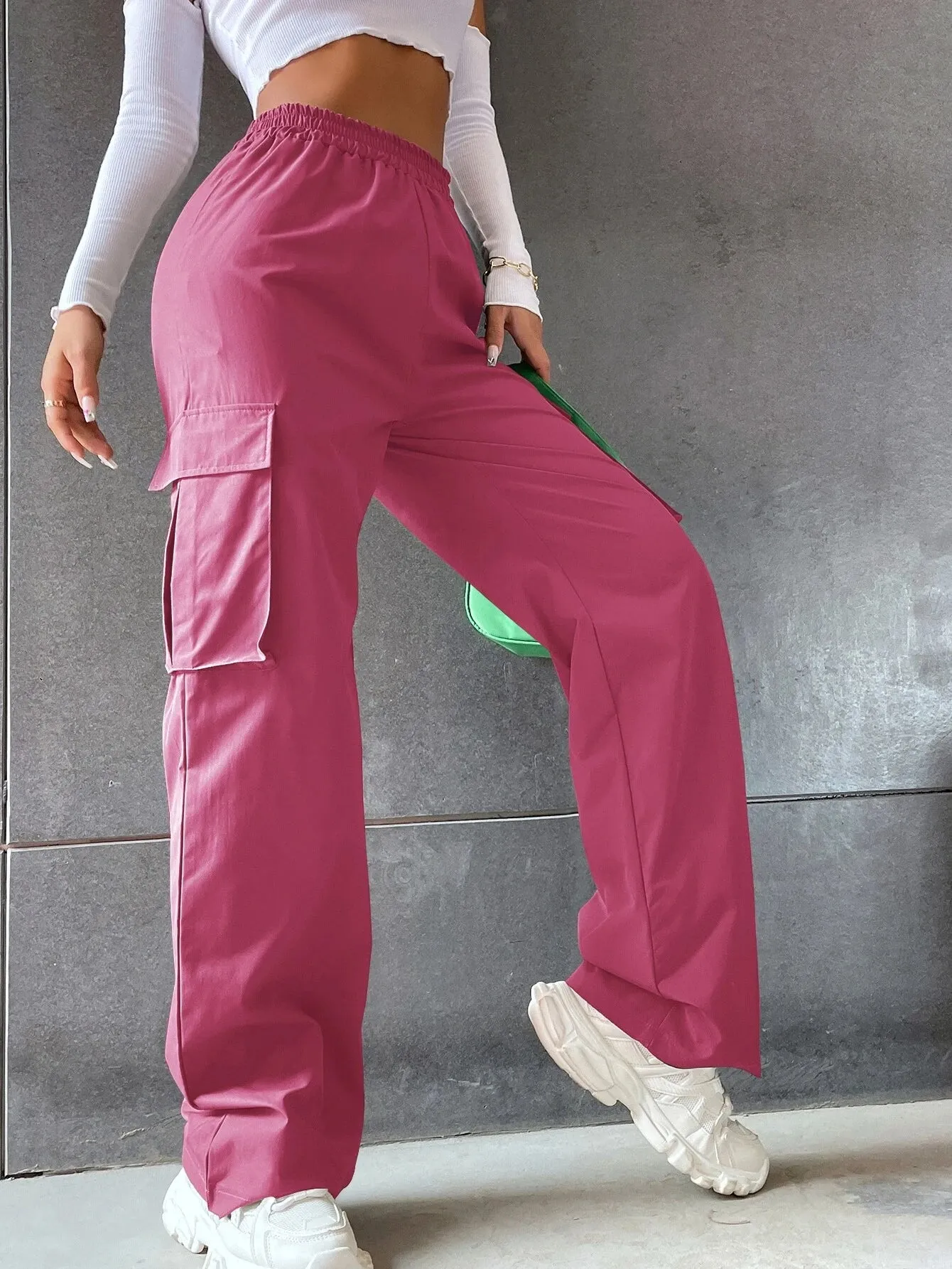 Solid Colored Flap Pocket Long Cargo Pants