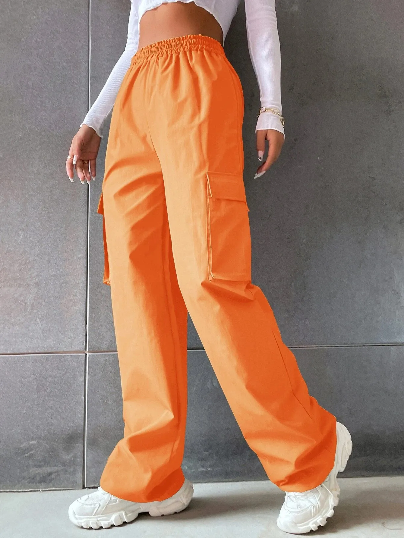Solid Colored Flap Pocket Long Cargo Pants