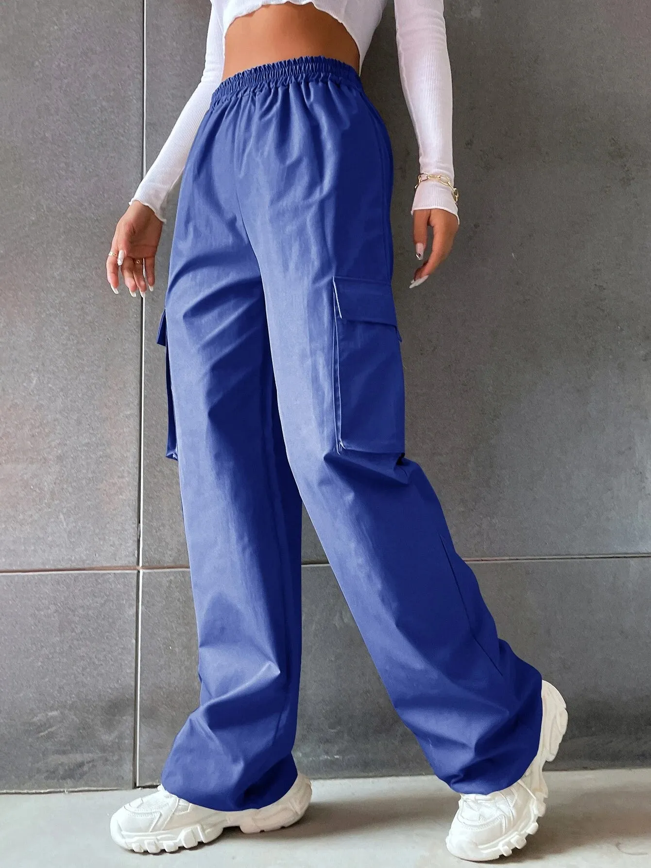 Solid Colored Flap Pocket Long Cargo Pants