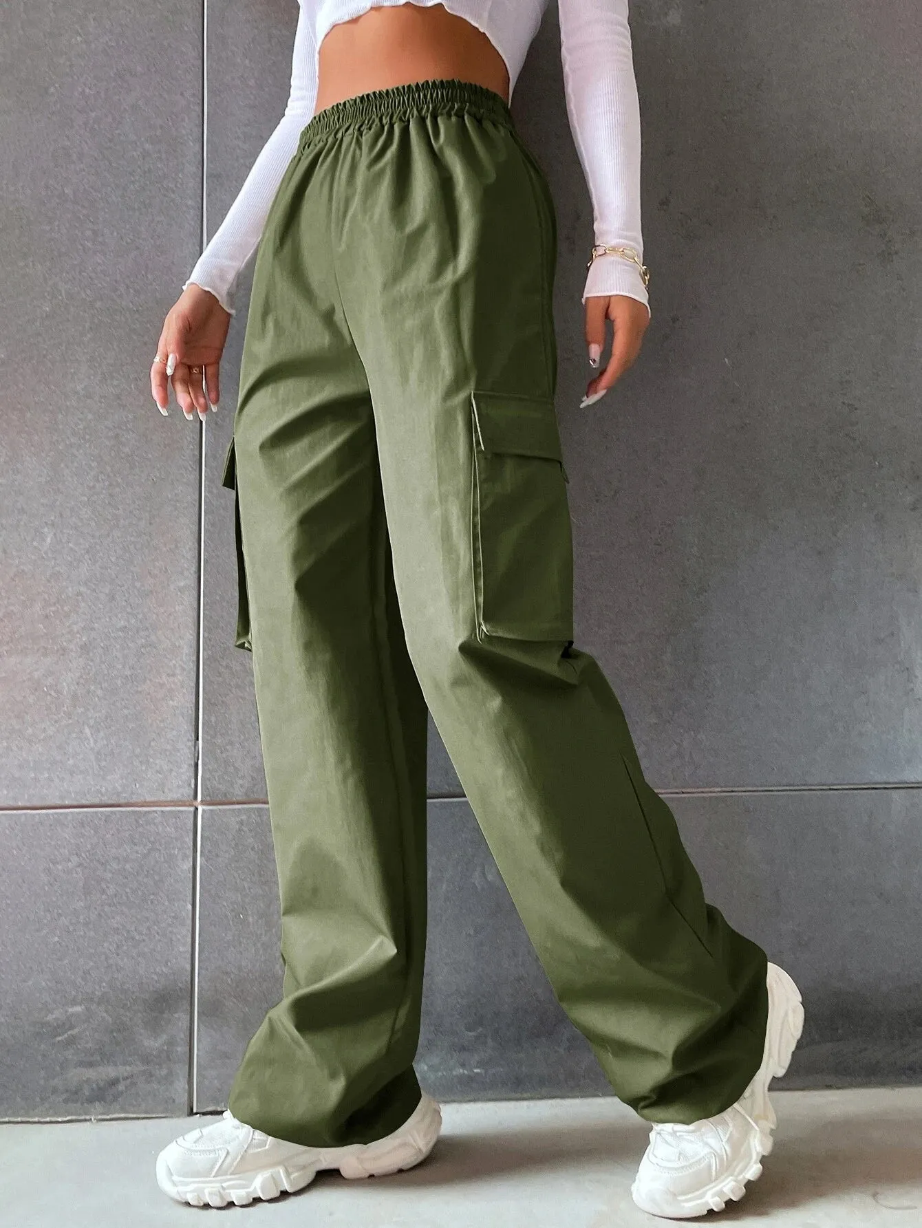 Solid Colored Flap Pocket Long Cargo Pants