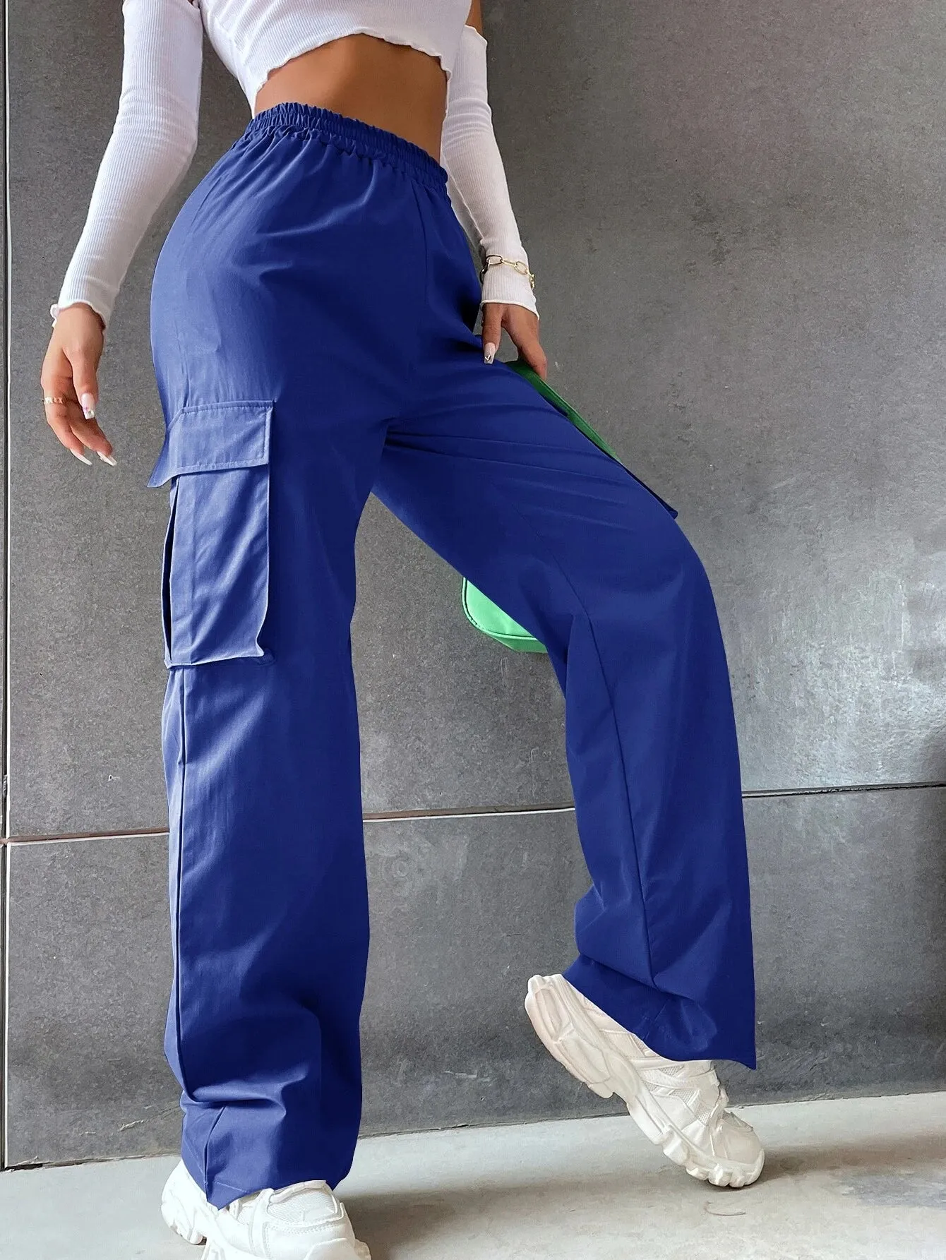 Solid Colored Flap Pocket Long Cargo Pants