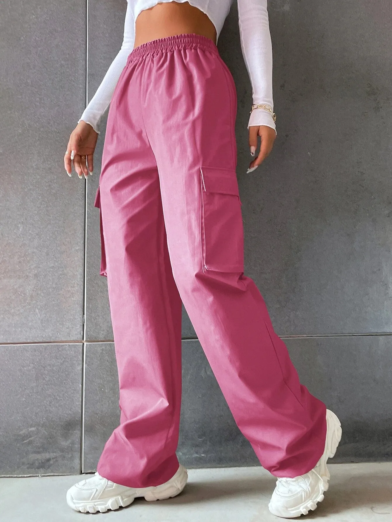 Solid Colored Flap Pocket Long Cargo Pants