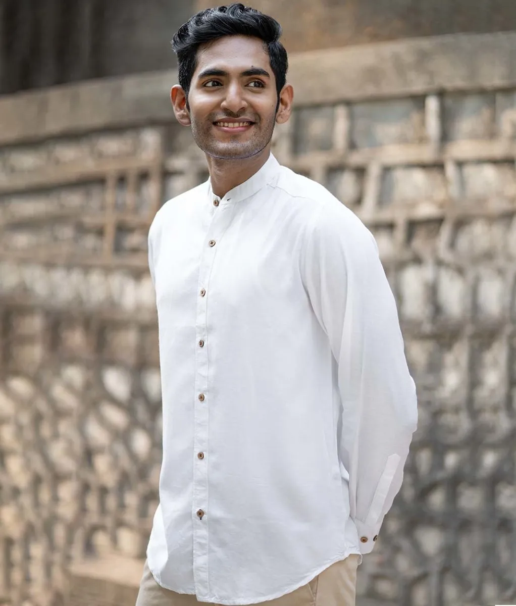 TENCEL™ Lyocell-Linen Mandarin Collar Shirt in Snow White